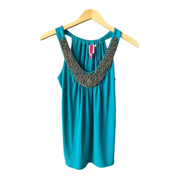 HEART SOUL Teal Tank Top Embellished Beaded Mesh Scoop Neck Sleeveless Small EUC - Picture 1 of 8